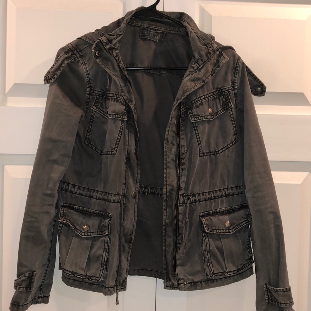 Gray wash aritzia hooded utility jacket.